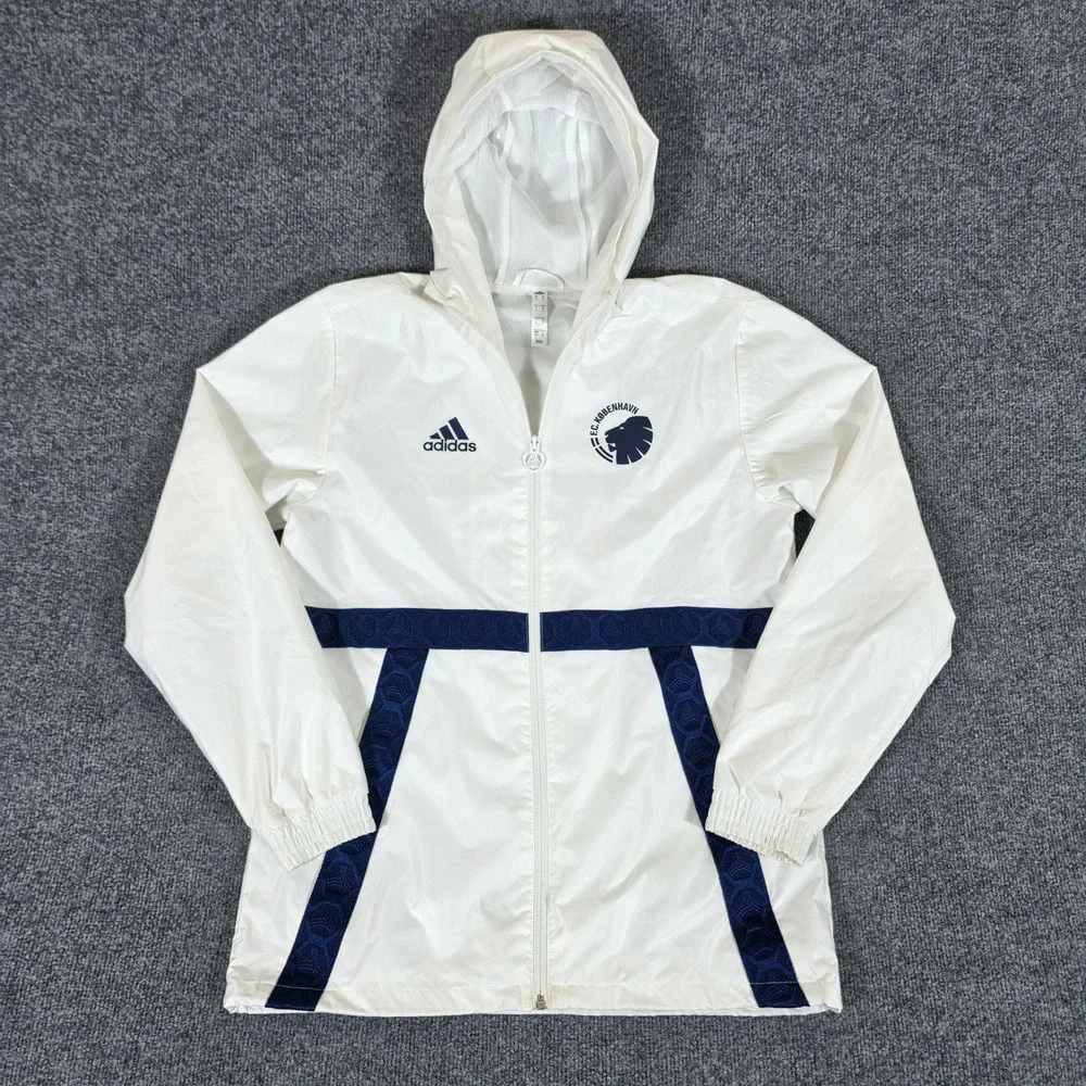 Adidas FC Kobenhavn Men Sz S White Navy Blue Full Zip Windbreaker Jacket Danmark